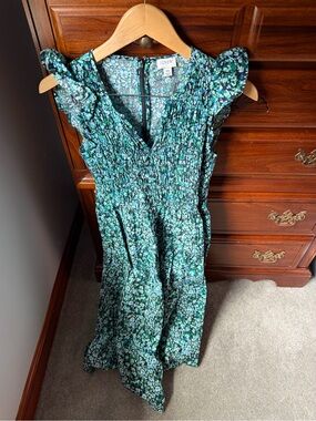 J. Crew Green & Teal Floral Shirred V-Neck Midi Dress